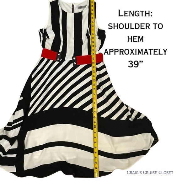 Danny & Nicole Black and White Asymmetrical Midi Dress w/ Red Snap Stretch Belt - Picture 10 of 14